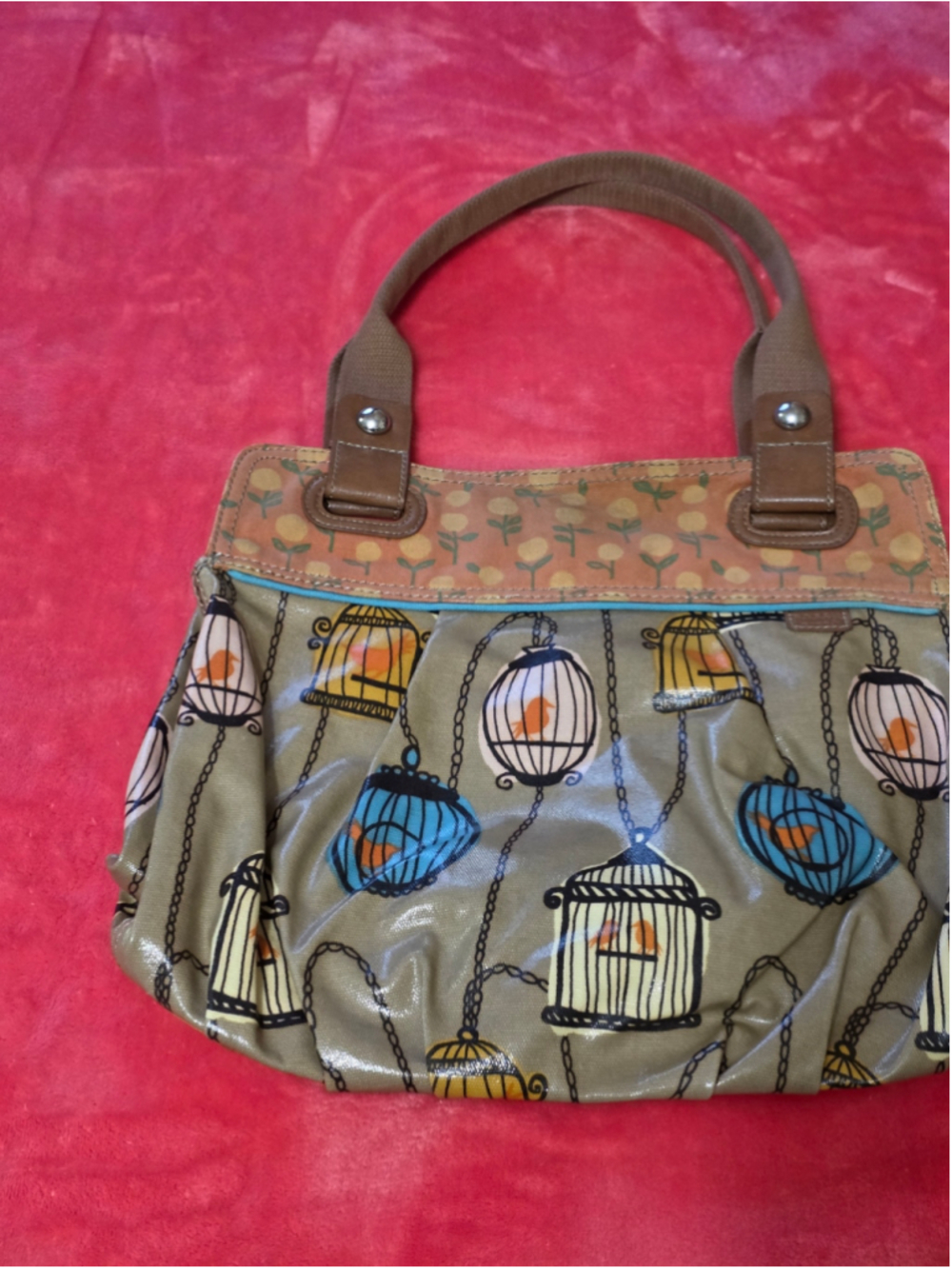 Women's Fossil Tote Bag Beige Orange Birdcage Print
